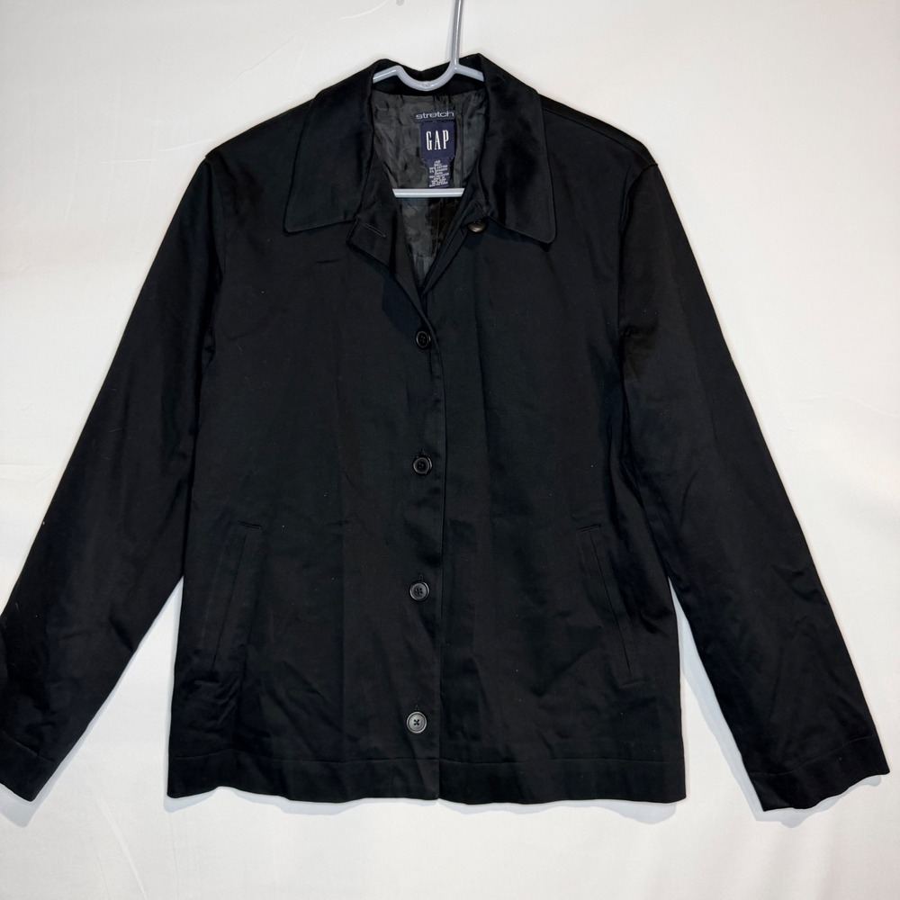 Y2K GAP Womens Black Stretch Cotton Button Front Jacket Size 12 Collared Vtg
